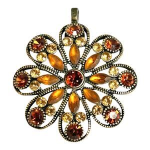 Orange and Amber Tones Ornate Round Brass Gold Tone Pendant